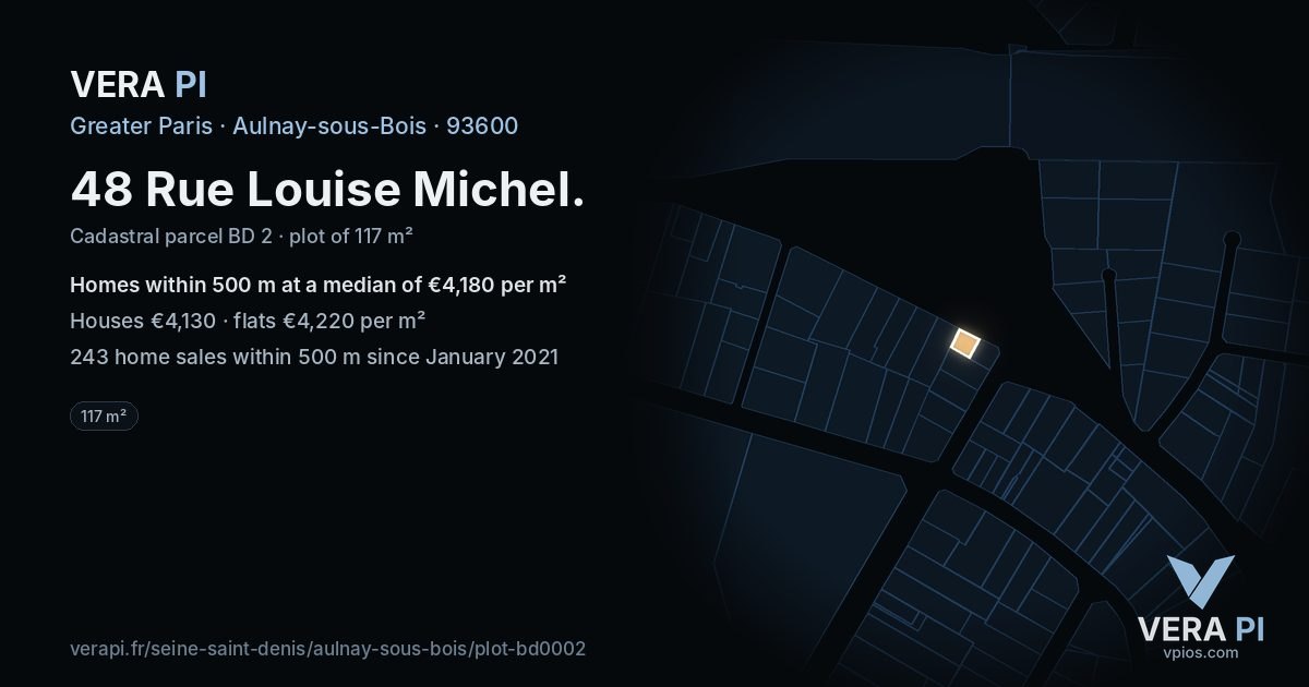 48 Rue Louise Michel, Aulnay-sous-Bois at night – the plot lit, the parcels around coloured by the prices near them