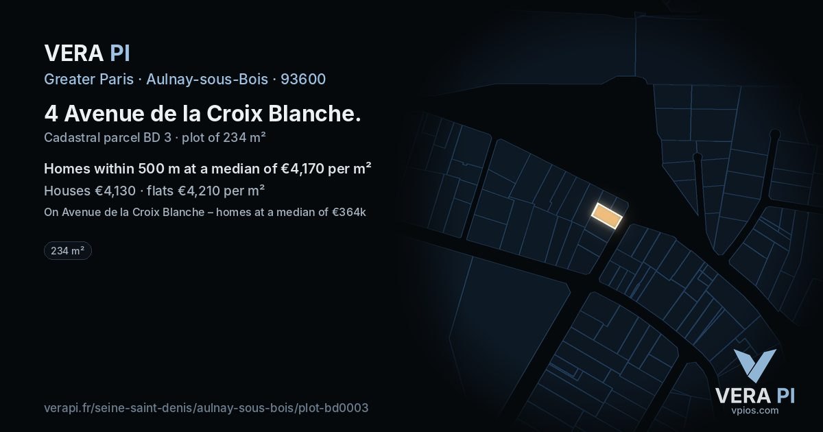 4 Avenue de la Croix Blanche, Aulnay-sous-Bois at night – the plot lit, the parcels around coloured by the prices near them