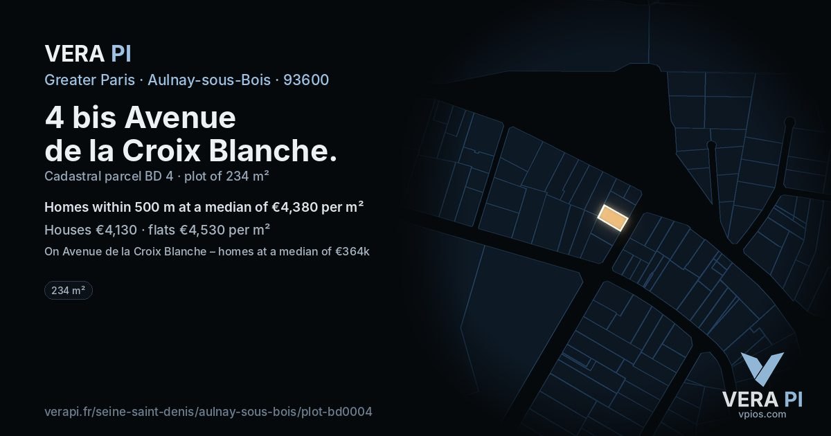 4 bis Avenue de la Croix Blanche, Aulnay-sous-Bois at night – the plot lit, the parcels around coloured by the prices near them