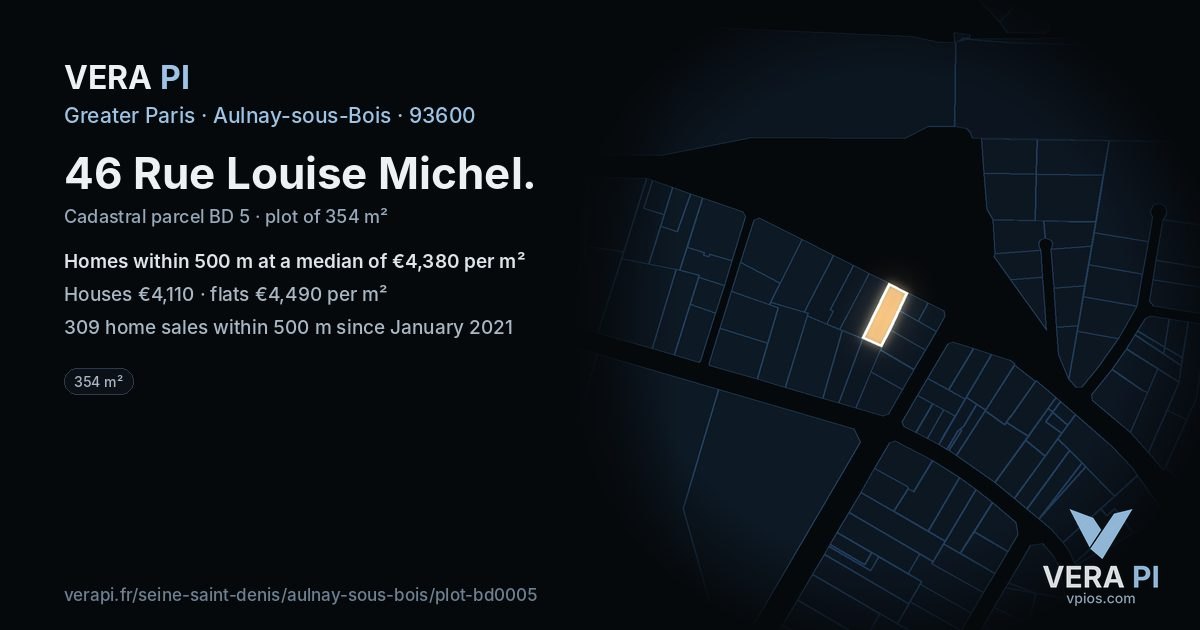 46 Rue Louise Michel, Aulnay-sous-Bois at night – the plot lit, the parcels around coloured by the prices near them