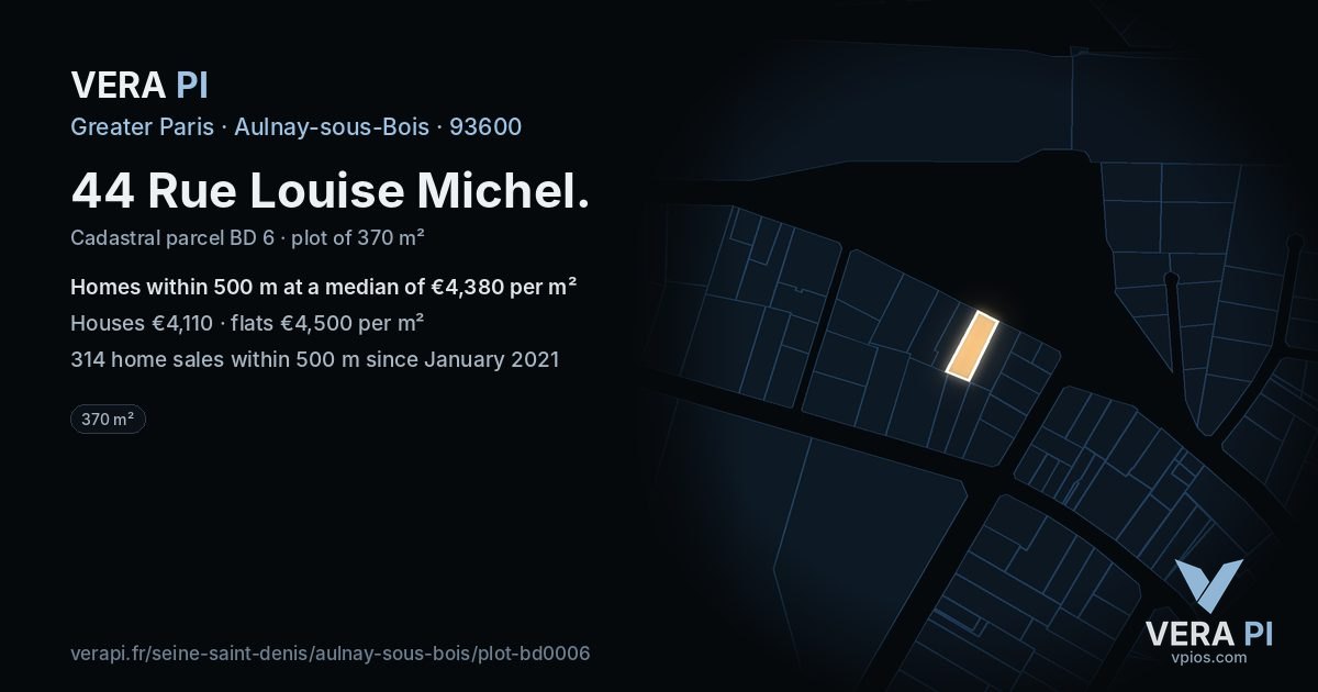 44 Rue Louise Michel, Aulnay-sous-Bois at night – the plot lit, the parcels around coloured by the prices near them