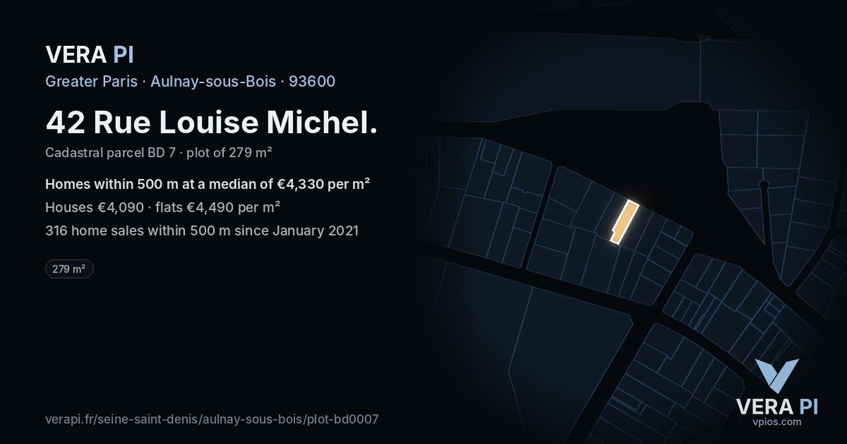 42 Rue Louise Michel, Aulnay-sous-Bois at night – the plot lit, the parcels around coloured by the prices near them