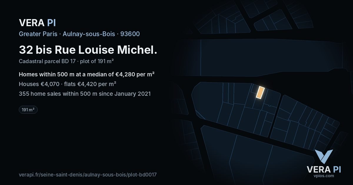 32 bis Rue Louise Michel, Aulnay-sous-Bois at night – the plot lit, the parcels around coloured by the prices near them