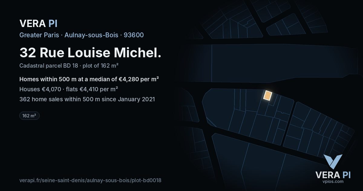 32 Rue Louise Michel, Aulnay-sous-Bois at night – the plot lit, the parcels around coloured by the prices near them