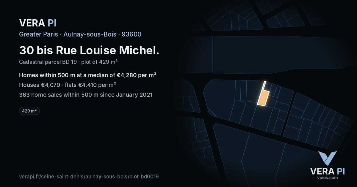 30 bis Rue Louise Michel, Aulnay-sous-Bois at night – the plot lit, the parcels around coloured by the prices near them