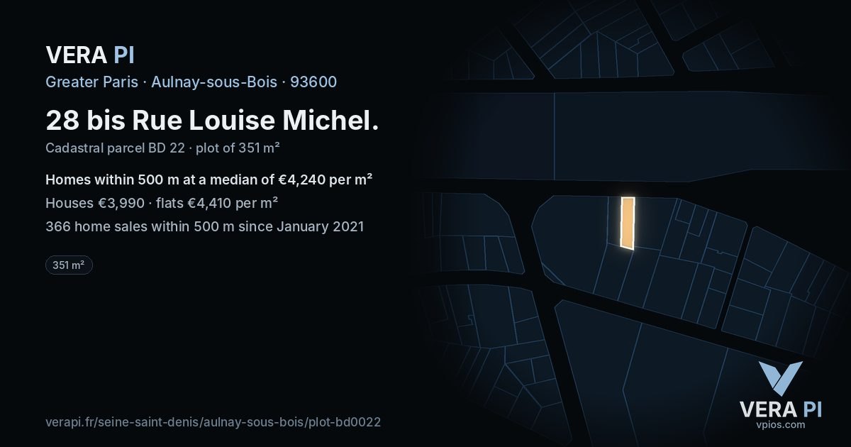 28 bis Rue Louise Michel, Aulnay-sous-Bois at night – the plot lit, the parcels around coloured by the prices near them