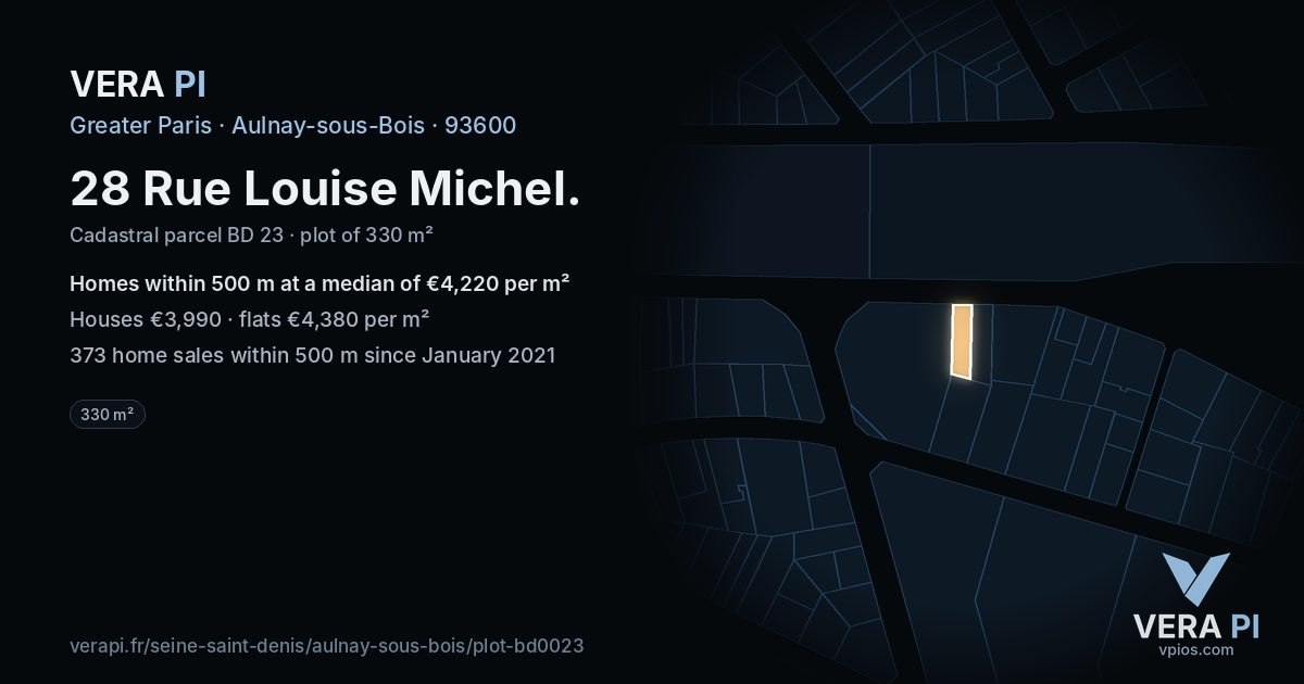 28 Rue Louise Michel, Aulnay-sous-Bois at night – the plot lit, the parcels around coloured by the prices near them