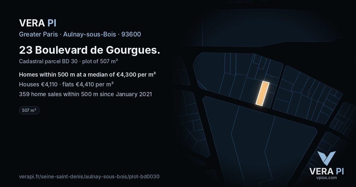 23 Boulevard de Gourgues, Aulnay-sous-Bois at night – the plot lit, the parcels around coloured by the prices near them