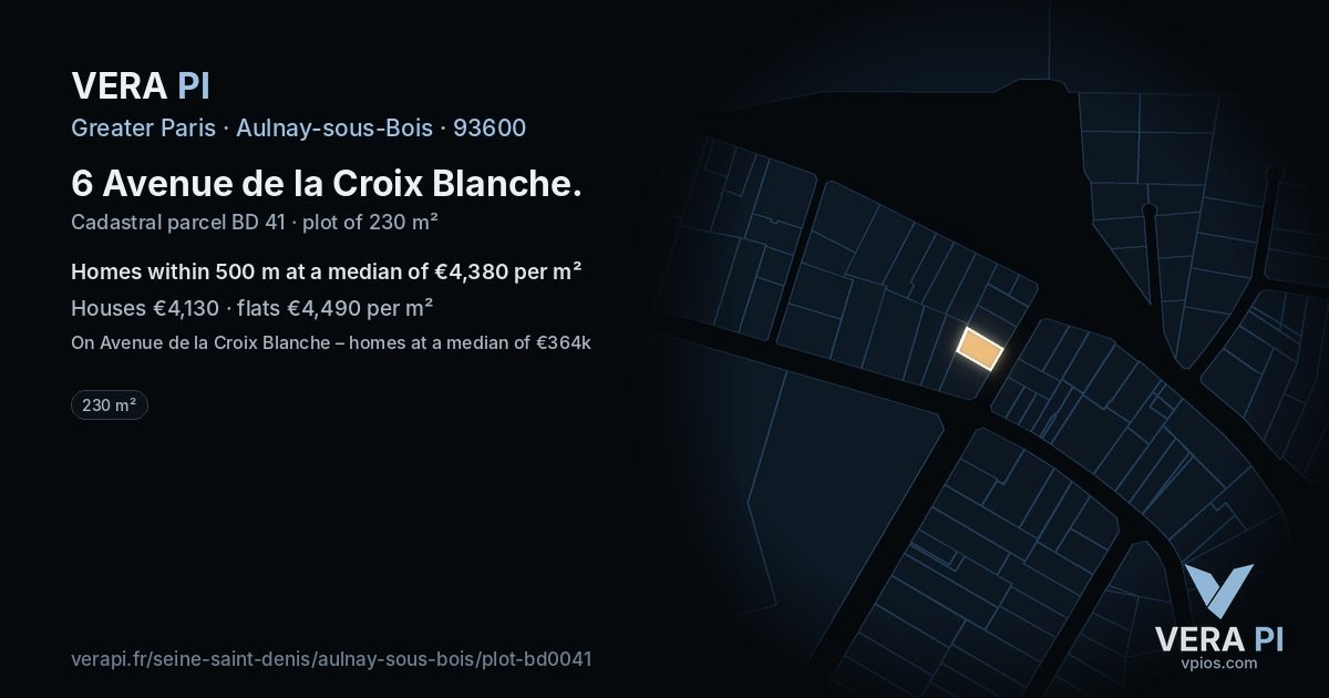 6 Avenue de la Croix Blanche, Aulnay-sous-Bois at night – the plot lit, the parcels around coloured by the prices near them
