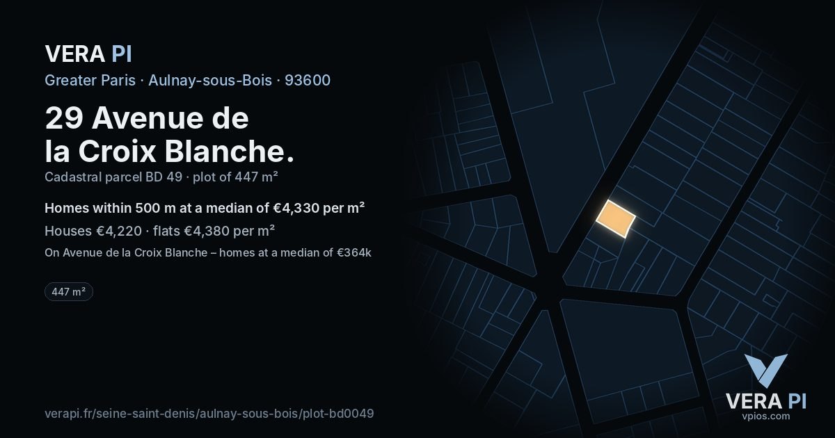 29 Avenue de la Croix Blanche, Aulnay-sous-Bois at night – the plot lit, the parcels around coloured by the prices near them