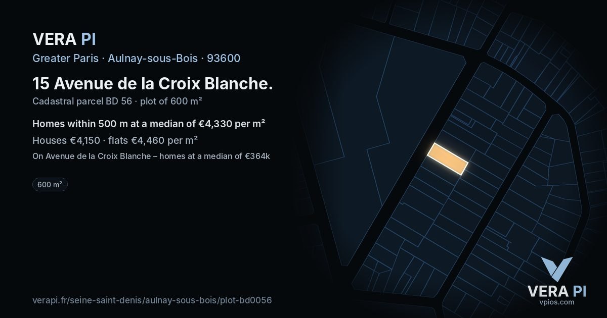 15 Avenue de la Croix Blanche, Aulnay-sous-Bois at night – the plot lit, the parcels around coloured by the prices near them