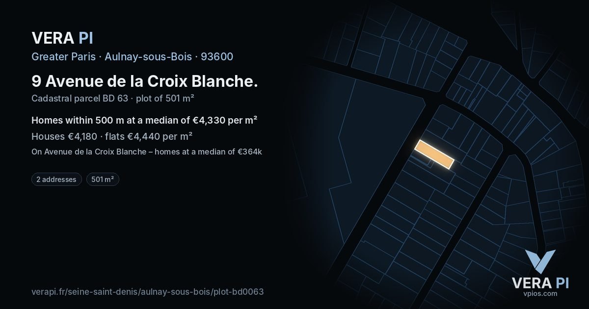 9 Avenue de la Croix Blanche, Aulnay-sous-Bois at night – the plot lit, the parcels around coloured by the prices near them