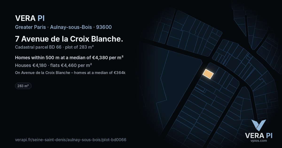 7 Avenue de la Croix Blanche, Aulnay-sous-Bois at night – the plot lit, the parcels around coloured by the prices near them