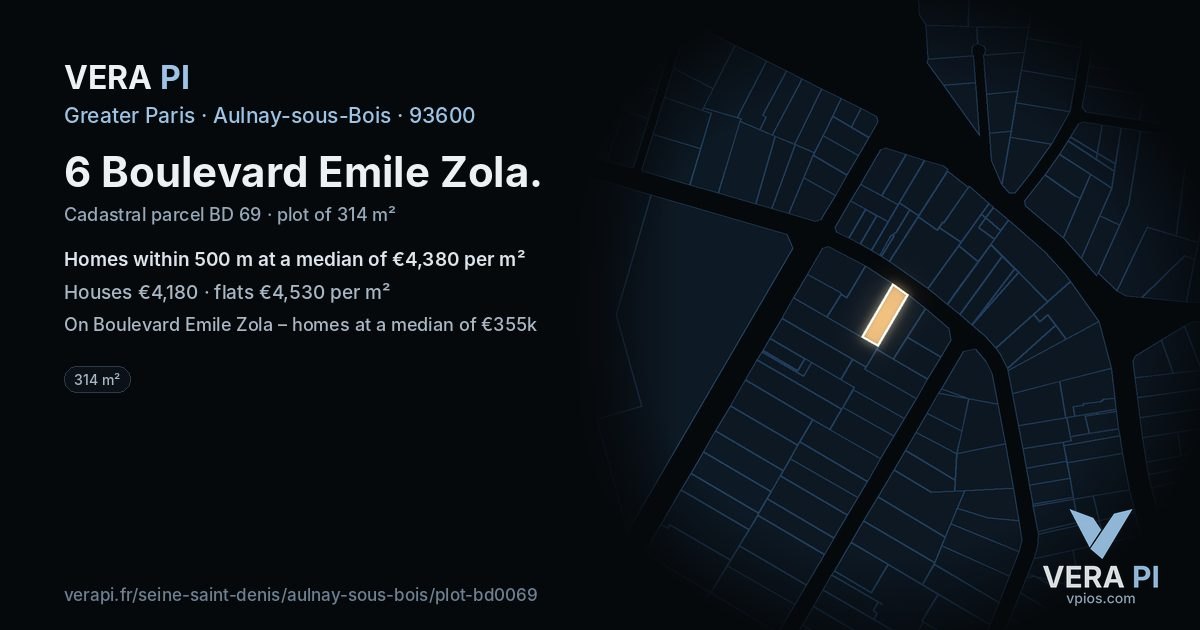 6 Boulevard Emile Zola, Aulnay-sous-Bois at night – the plot lit, the parcels around coloured by the prices near them