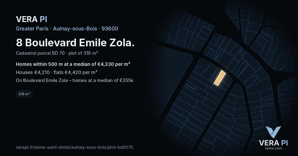 8 Boulevard Emile Zola, Aulnay-sous-Bois at night – the plot lit, the parcels around coloured by the prices near them