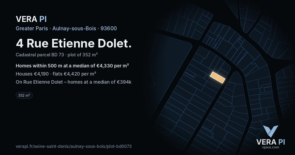 4 Rue Etienne Dolet, Aulnay-sous-Bois at night – the plot lit, the parcels around coloured by the prices near them
