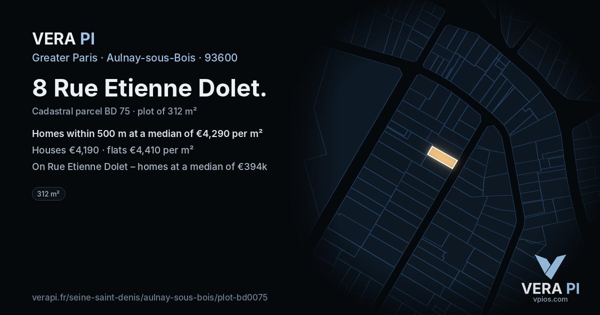 8 Rue Etienne Dolet, Aulnay-sous-Bois at night – the plot lit, the parcels around coloured by the prices near them