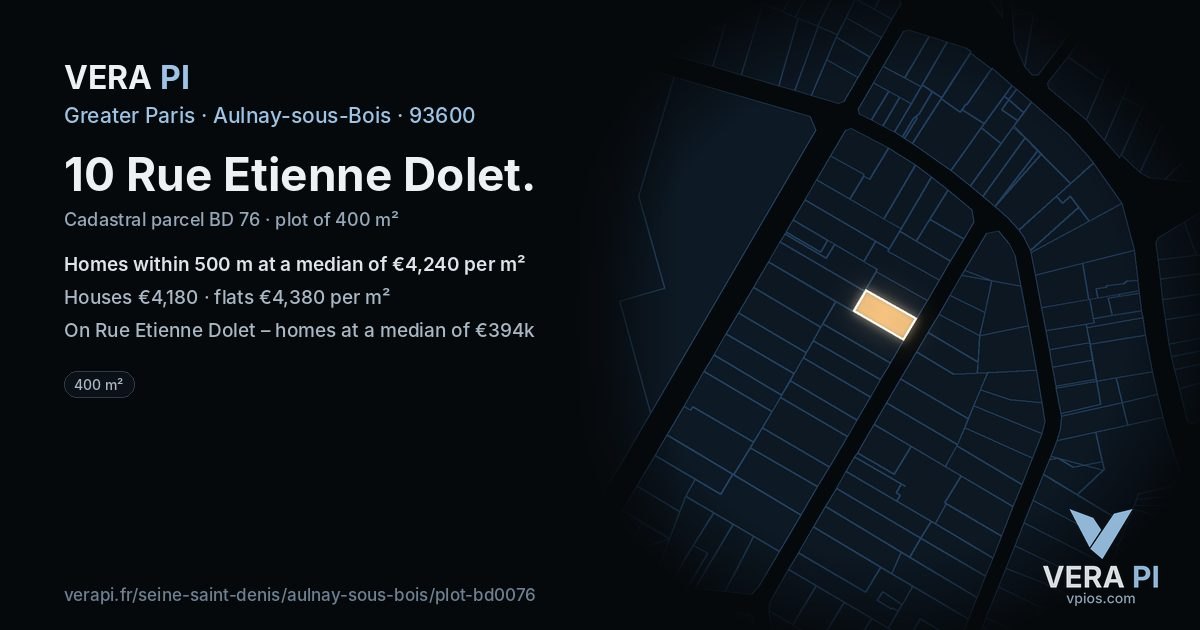 10 Rue Etienne Dolet, Aulnay-sous-Bois at night – the plot lit, the parcels around coloured by the prices near them