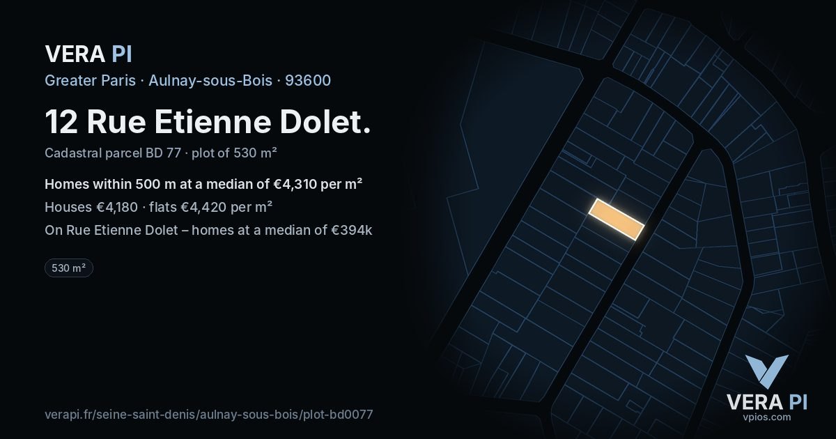 12 Rue Etienne Dolet, Aulnay-sous-Bois at night – the plot lit, the parcels around coloured by the prices near them