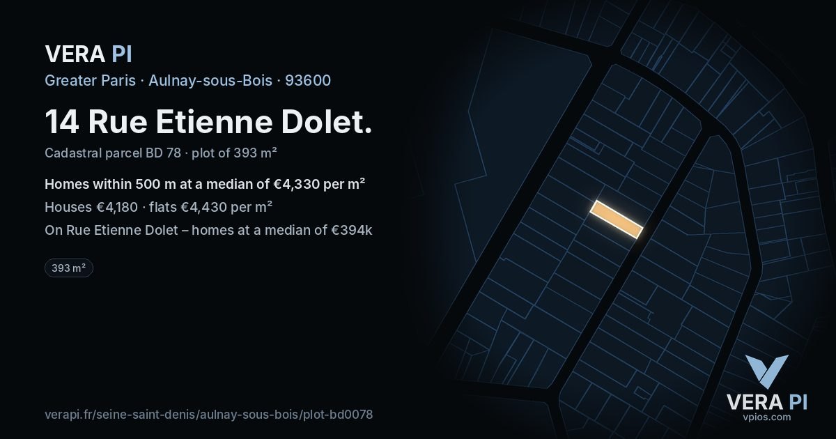 14 Rue Etienne Dolet, Aulnay-sous-Bois at night – the plot lit, the parcels around coloured by the prices near them