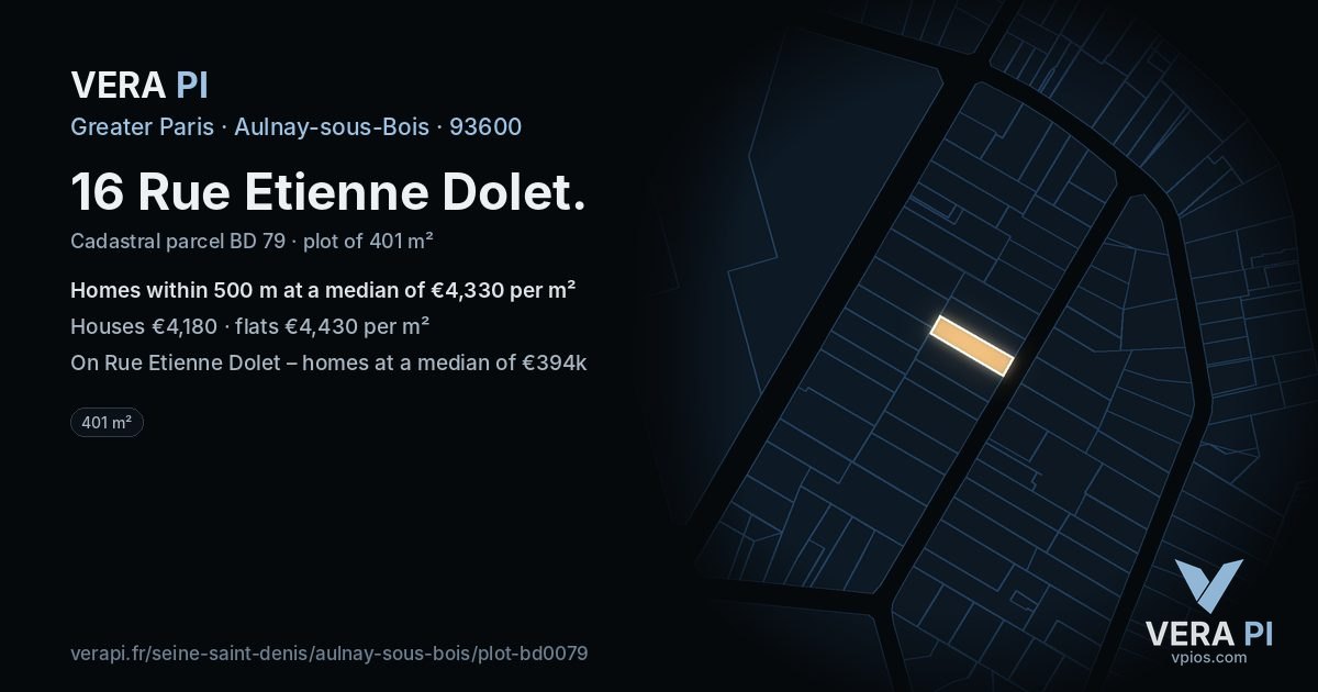 16 Rue Etienne Dolet, Aulnay-sous-Bois at night – the plot lit, the parcels around coloured by the prices near them