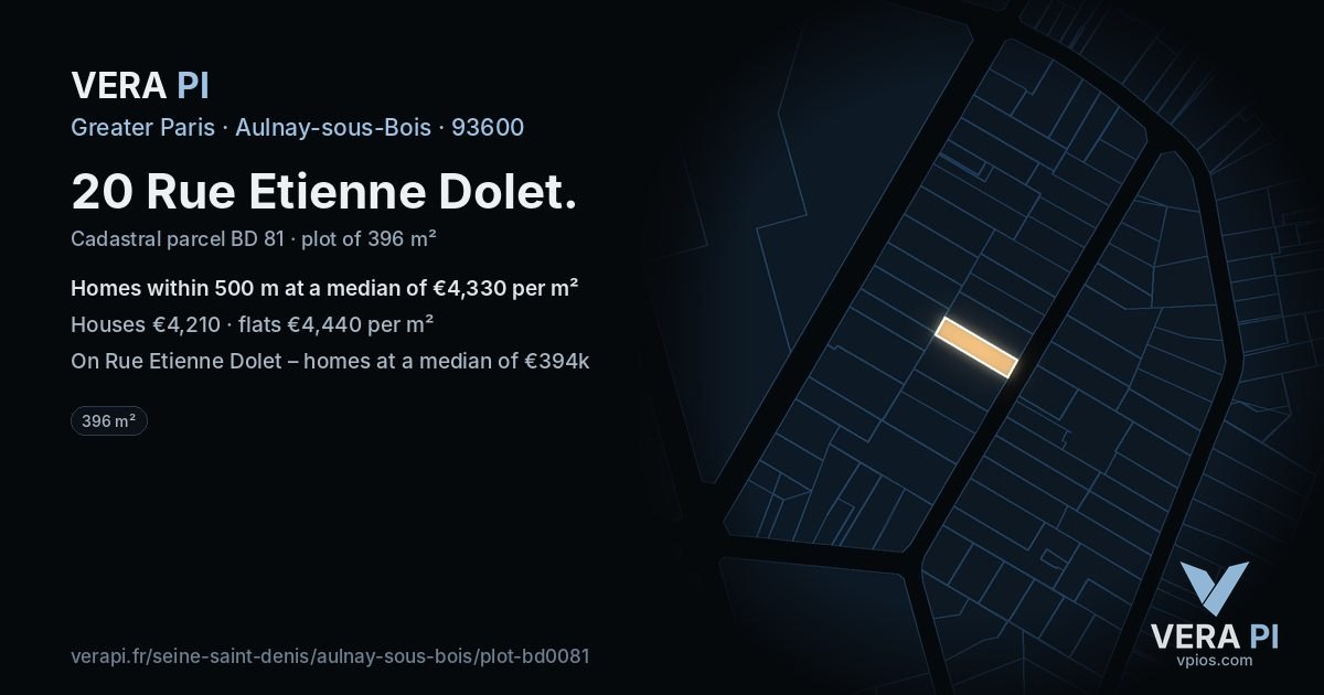 20 Rue Etienne Dolet, Aulnay-sous-Bois at night – the plot lit, the parcels around coloured by the prices near them