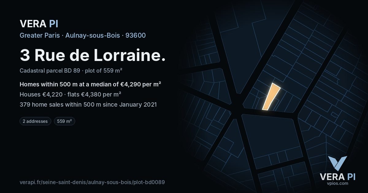 3 Rue de Lorraine, Aulnay-sous-Bois at night – the plot lit, the parcels around coloured by the prices near them