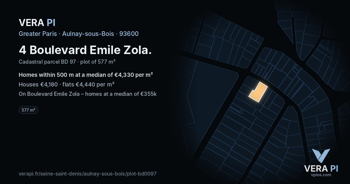 4 Boulevard Emile Zola, Aulnay-sous-Bois at night – the plot lit, the parcels around coloured by the prices near them