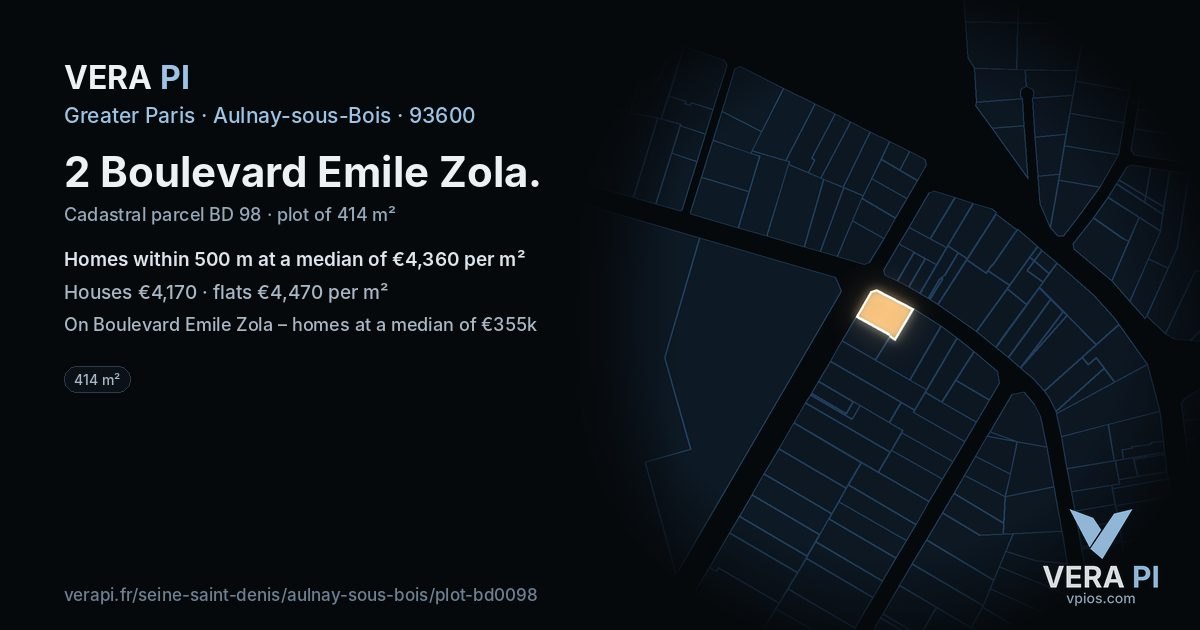2 Boulevard Emile Zola, Aulnay-sous-Bois at night – the plot lit, the parcels around coloured by the prices near them