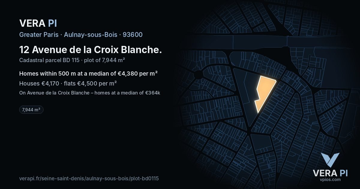 12 Avenue de la Croix Blanche, Aulnay-sous-Bois at night – the plot lit, the parcels around coloured by the prices near them