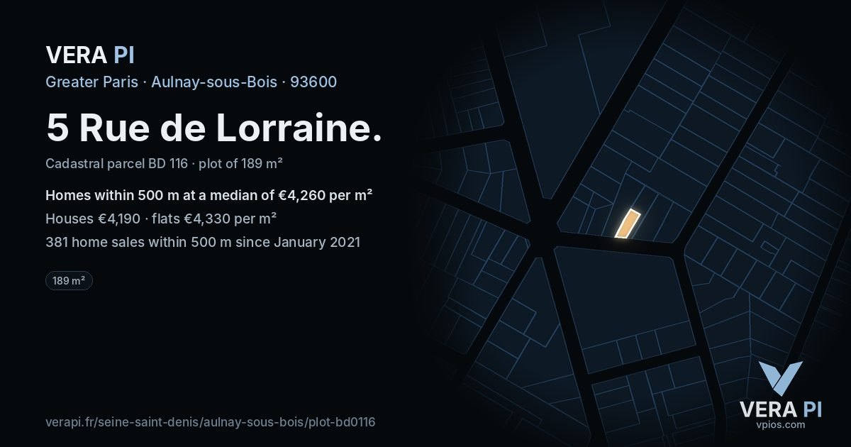 5 Rue de Lorraine, Aulnay-sous-Bois at night – the plot lit, the parcels around coloured by the prices near them