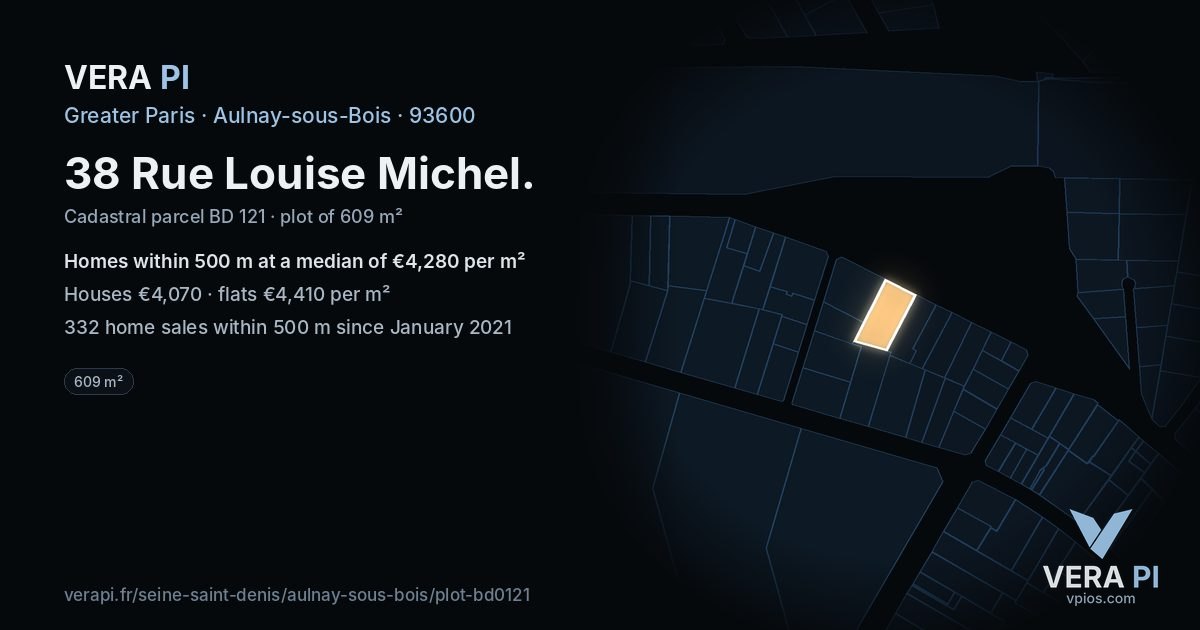 38 Rue Louise Michel, Aulnay-sous-Bois at night – the plot lit, the parcels around coloured by the prices near them