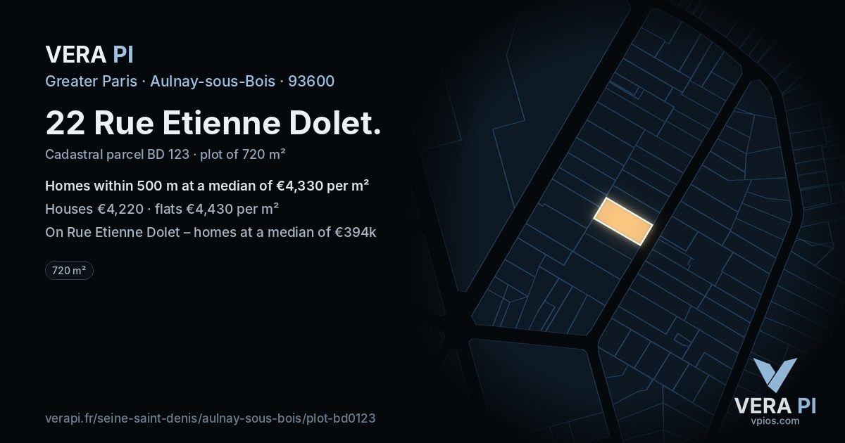 22 Rue Etienne Dolet, Aulnay-sous-Bois at night – the plot lit, the parcels around coloured by the prices near them