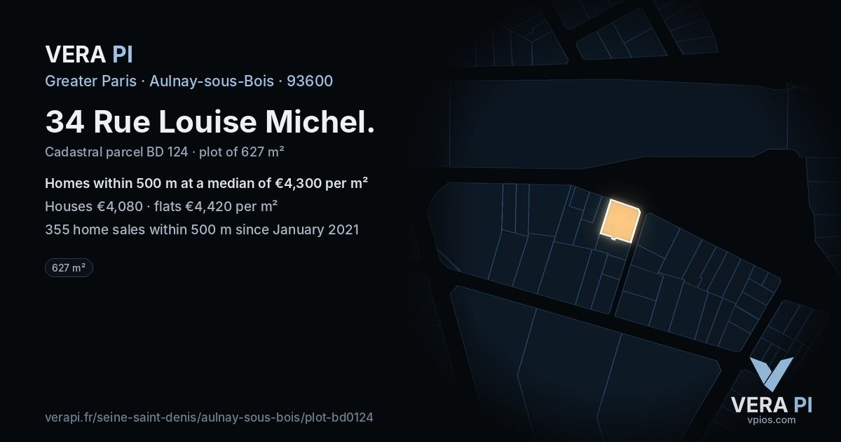 34 Rue Louise Michel, Aulnay-sous-Bois at night – the plot lit, the parcels around coloured by the prices near them