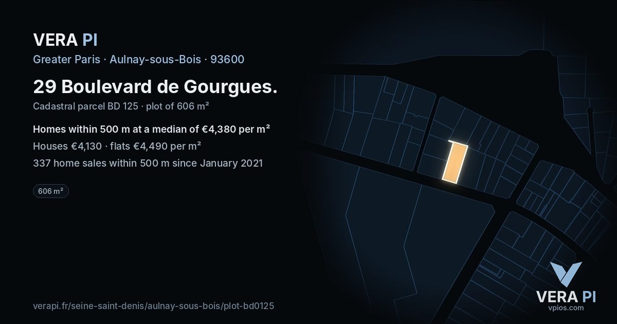 29 Boulevard de Gourgues, Aulnay-sous-Bois at night – the plot lit, the parcels around coloured by the prices near them