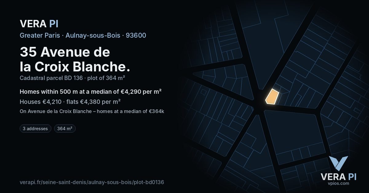 35 Avenue de la Croix Blanche, Aulnay-sous-Bois at night – the plot lit, the parcels around coloured by the prices near them