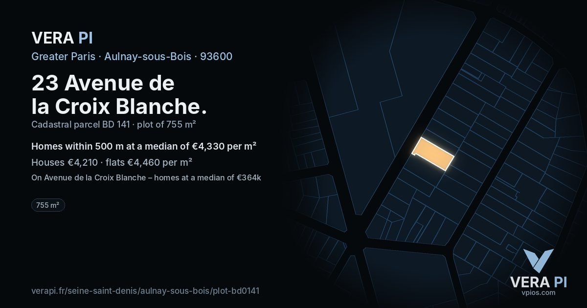 23 Avenue de la Croix Blanche, Aulnay-sous-Bois at night – the plot lit, the parcels around coloured by the prices near them