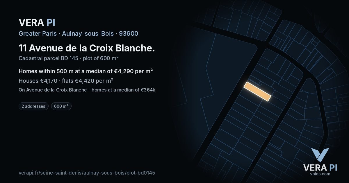11 Avenue de la Croix Blanche, Aulnay-sous-Bois at night – the plot lit, the parcels around coloured by the prices near them