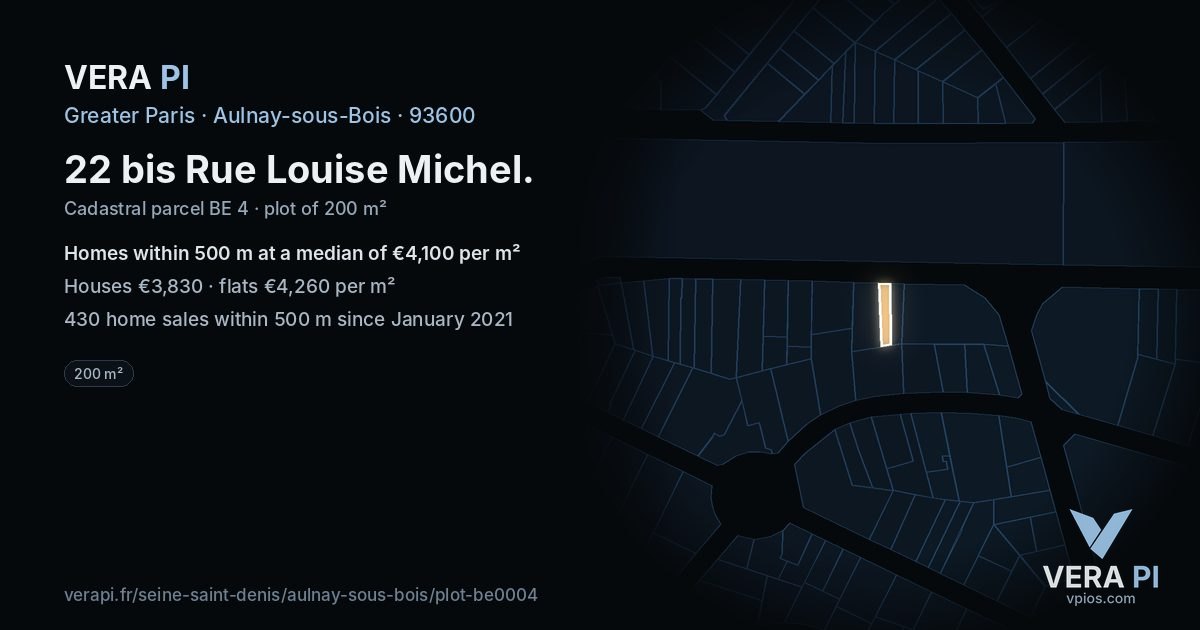 22 bis Rue Louise Michel, Aulnay-sous-Bois at night – the plot lit, the parcels around coloured by the prices near them