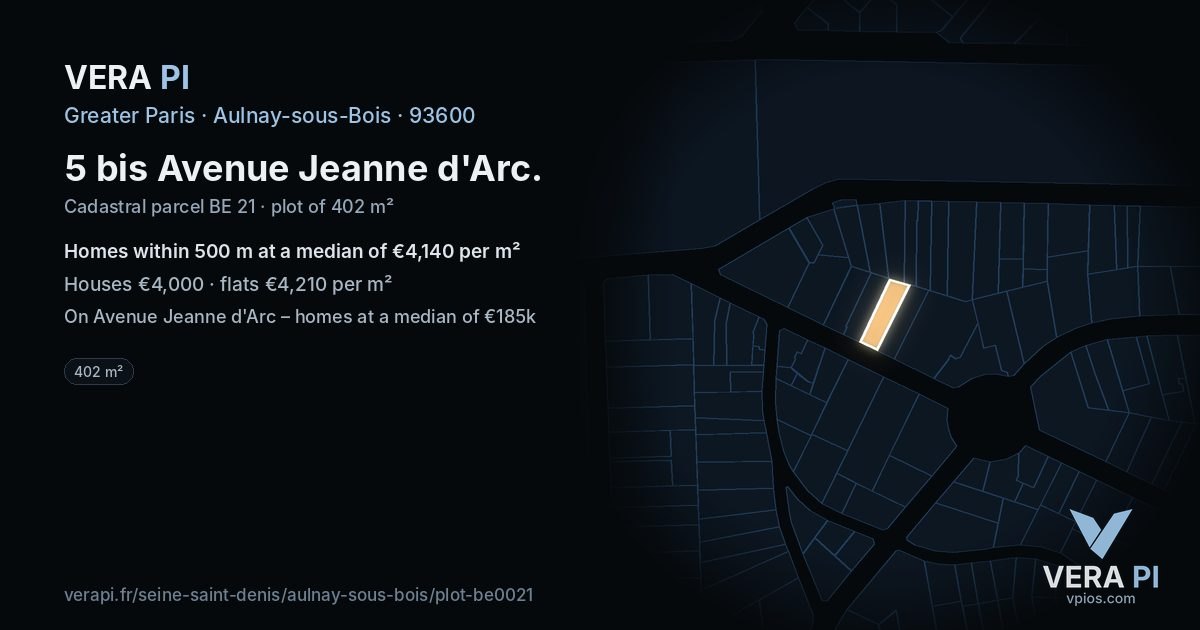 5 bis Avenue Jeanne d'Arc, Aulnay-sous-Bois at night – the plot lit, the parcels around coloured by the prices near them