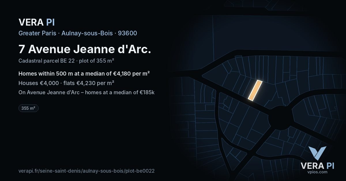 7 Avenue Jeanne d'Arc, Aulnay-sous-Bois at night – the plot lit, the parcels around coloured by the prices near them