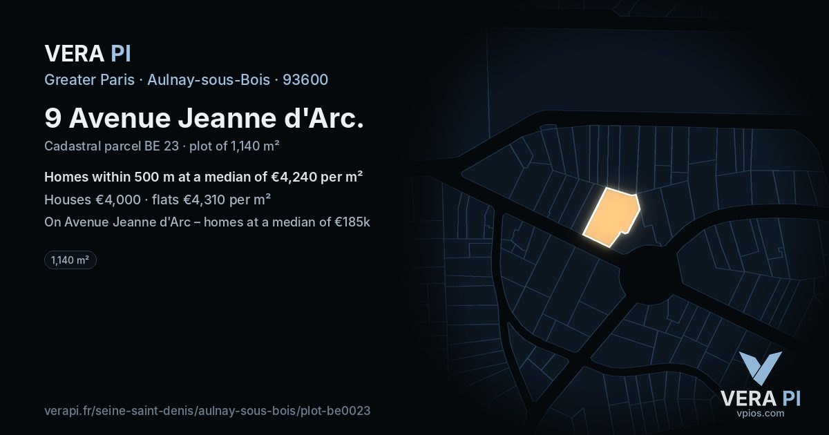 9 Avenue Jeanne d'Arc, Aulnay-sous-Bois at night – the plot lit, the parcels around coloured by the prices near them