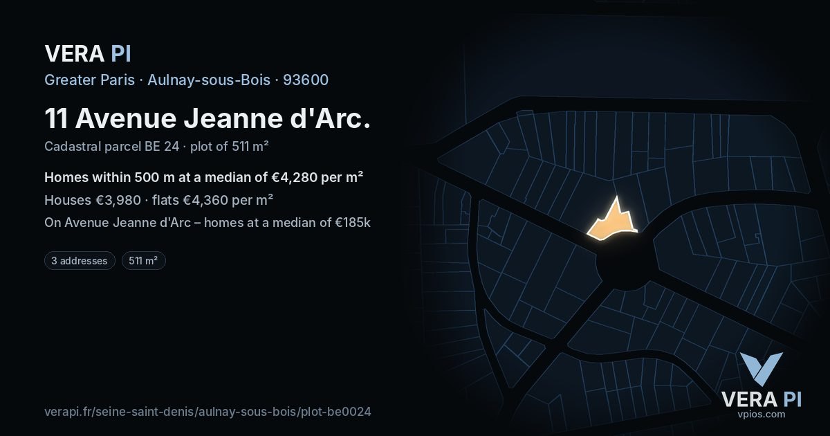 11 Avenue Jeanne d'Arc, Aulnay-sous-Bois at night – the plot lit, the parcels around coloured by the prices near them