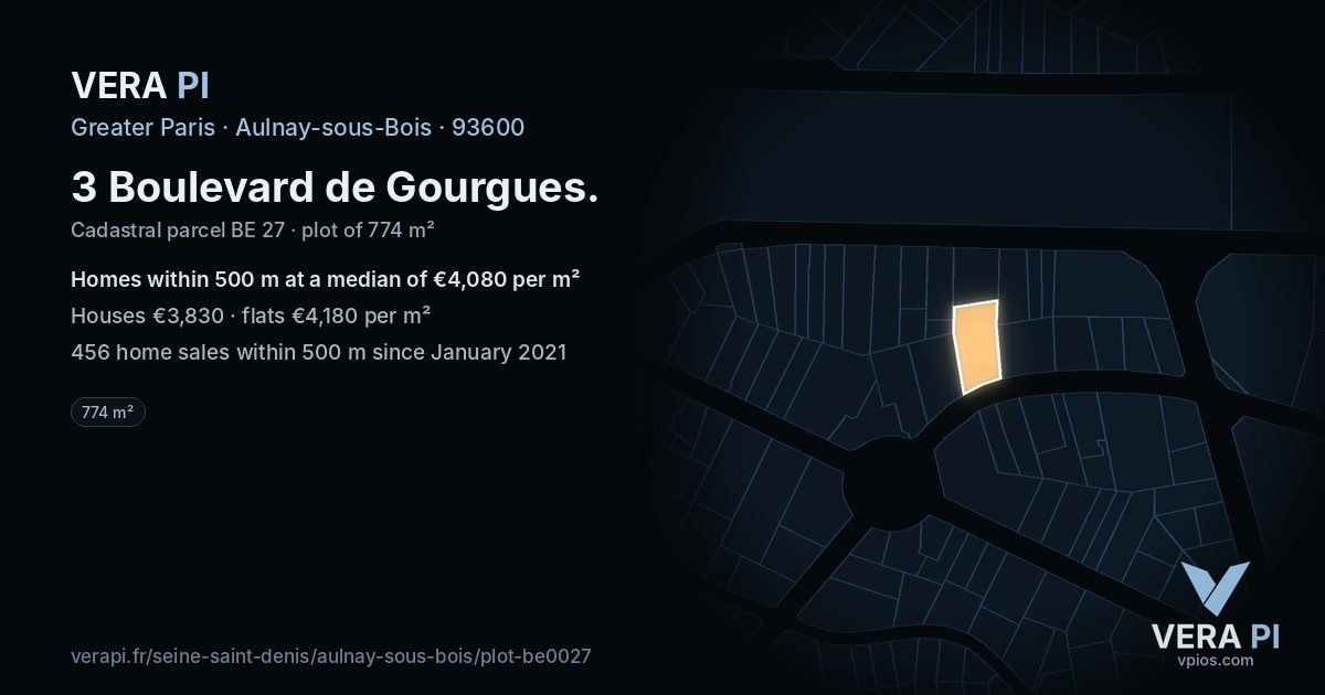 3 Boulevard de Gourgues, Aulnay-sous-Bois at night – the plot lit, the parcels around coloured by the prices near them