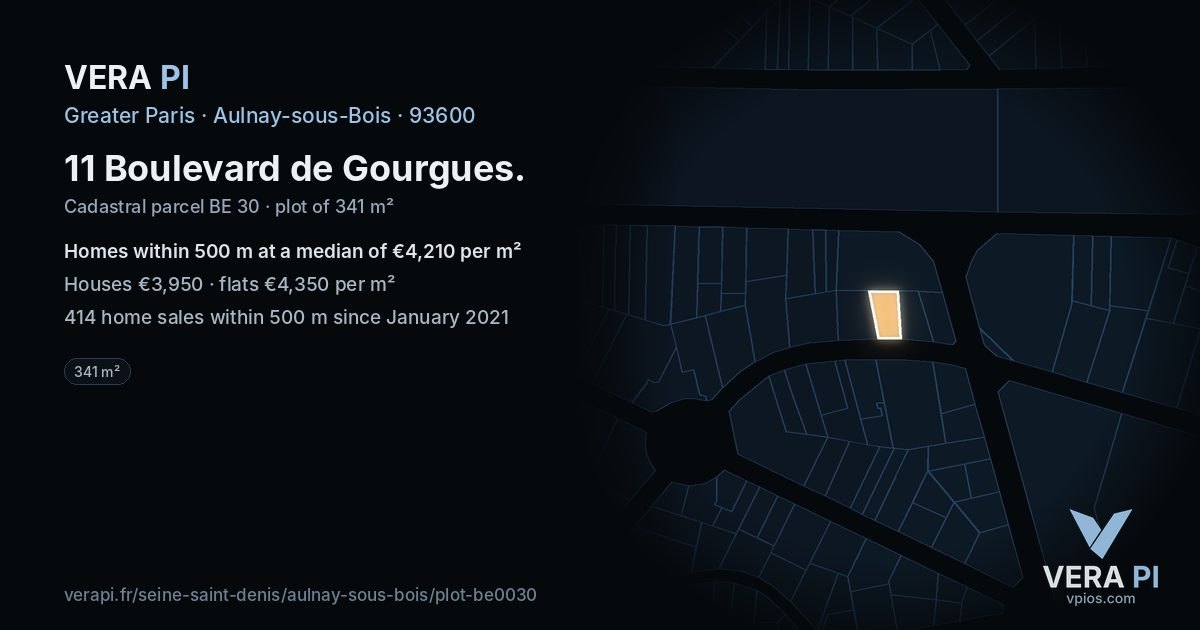 11 Boulevard de Gourgues, Aulnay-sous-Bois at night – the plot lit, the parcels around coloured by the prices near them