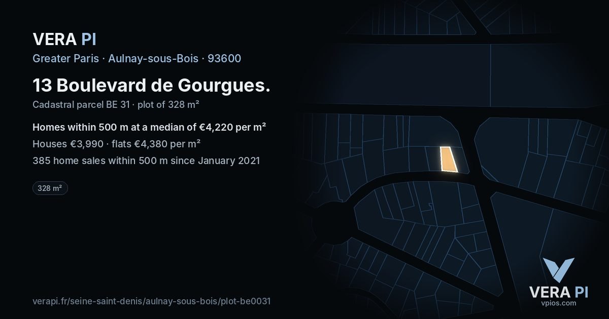 13 Boulevard de Gourgues, Aulnay-sous-Bois at night – the plot lit, the parcels around coloured by the prices near them