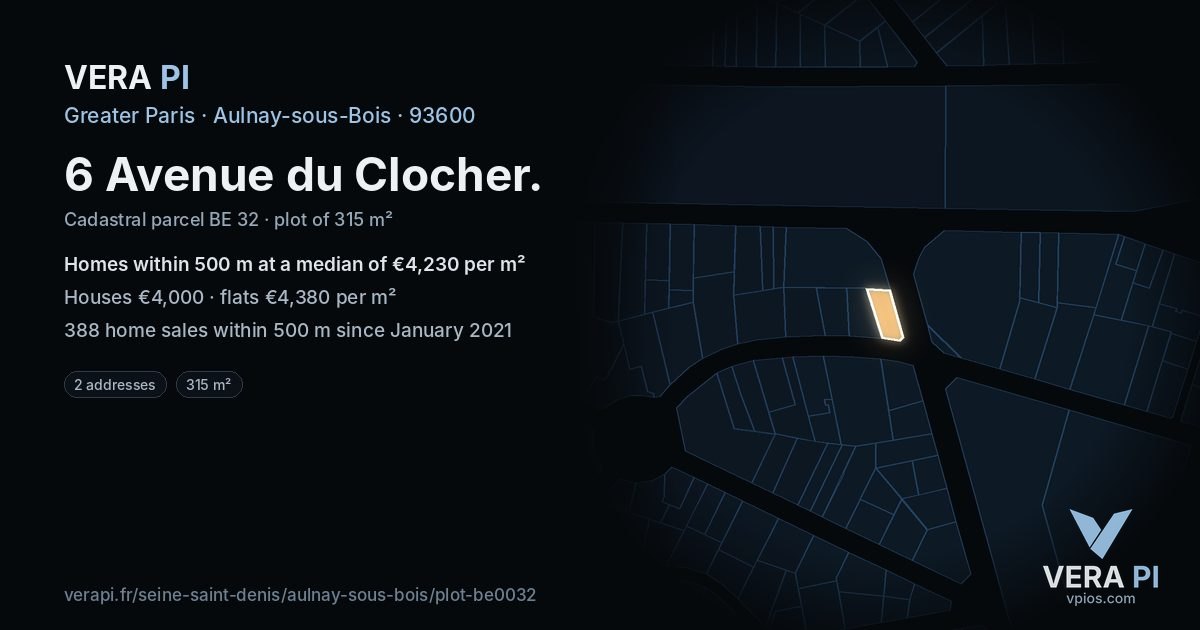 6 Avenue du Clocher, Aulnay-sous-Bois at night – the plot lit, the parcels around coloured by the prices near them