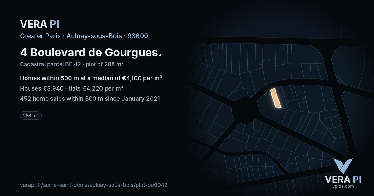 4 Boulevard de Gourgues, Aulnay-sous-Bois at night – the plot lit, the parcels around coloured by the prices near them
