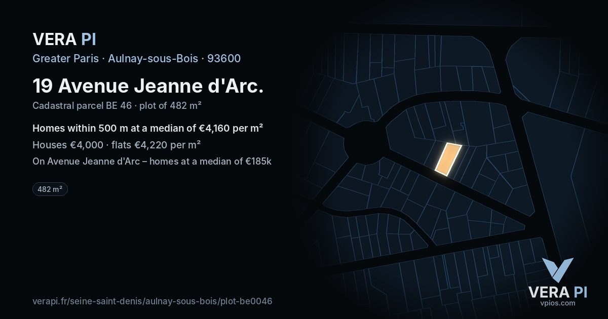 19 Avenue Jeanne d'Arc, Aulnay-sous-Bois at night – the plot lit, the parcels around coloured by the prices near them