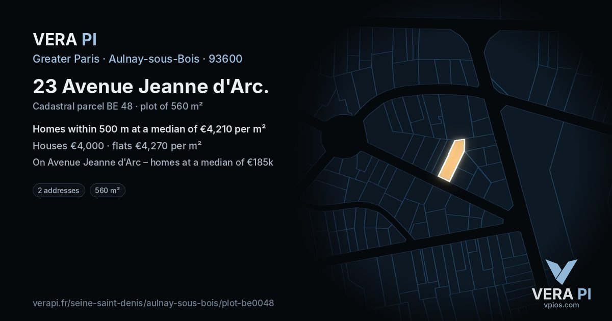 23 Avenue Jeanne d'Arc, Aulnay-sous-Bois at night – the plot lit, the parcels around coloured by the prices near them